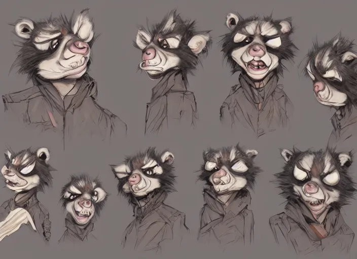 Image similar to award - winning detailed concept art of a creepy animatronic puppet anthropomorphic raccoon character wearing clown makeup. art by wlop on bcy. net, realistic. detailed fur, art by cheng yi. artstationhd, artgerm, 3 dcg, pixar zootopia. 3 d rendering, high quality model sheet, disney. model sheet detailed