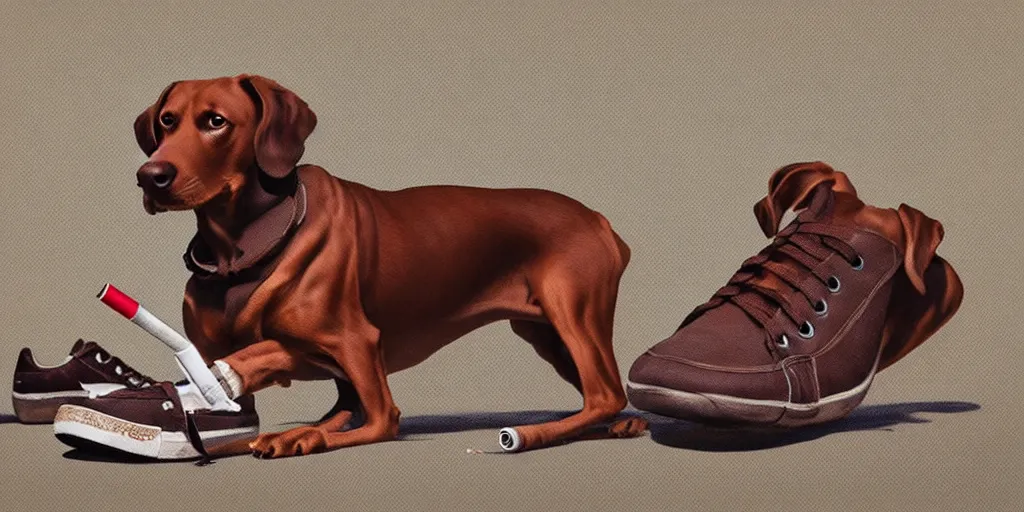 Prompt: smoking brown dog with sneakers, as a matte oil painting