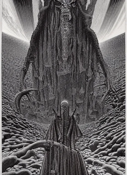 Prompt: Wandering into Oblivion, hellscape by Jean Giraud and HR Giger, hyperrealistic, atmospheric, gothic