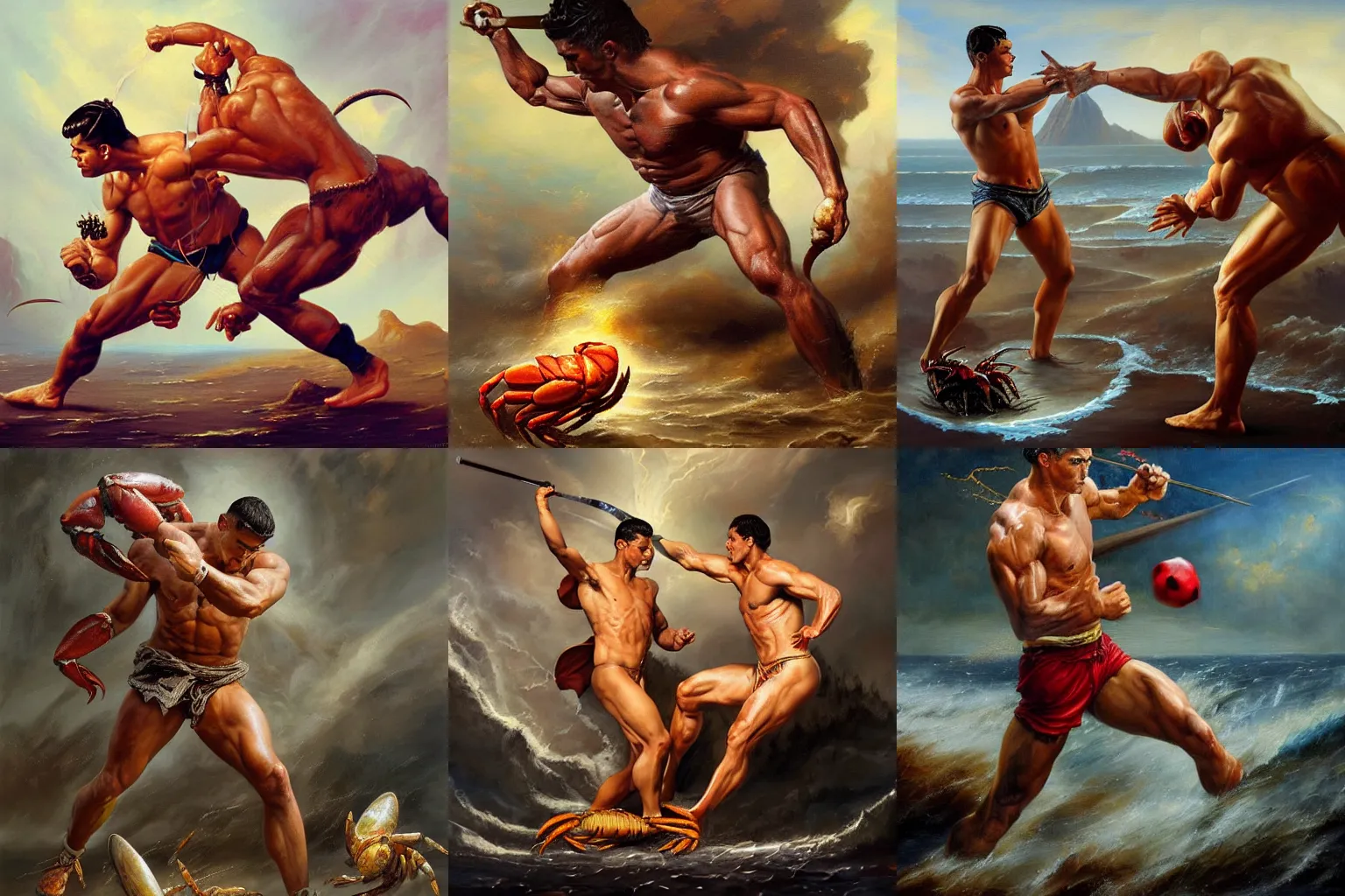 Prompt: Beautiful oil painting depicting Cristiano Ronaldo fighting a crab, Lucas Graziano, Frank Frazetta, Greg Rutkovsky, Boris Vallejo, epic fantasy portrayal of characters, exquisite details, post-processing, low angle, masterpiece, cinematic