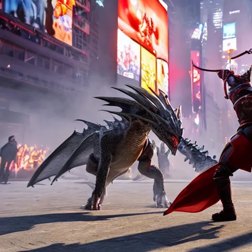 Prompt: a knight fighting a dragon in Times Square, unreal engine, 8k, photo realistic