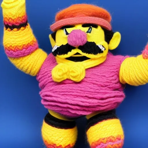 Image similar to a doll of wario made out of yarn