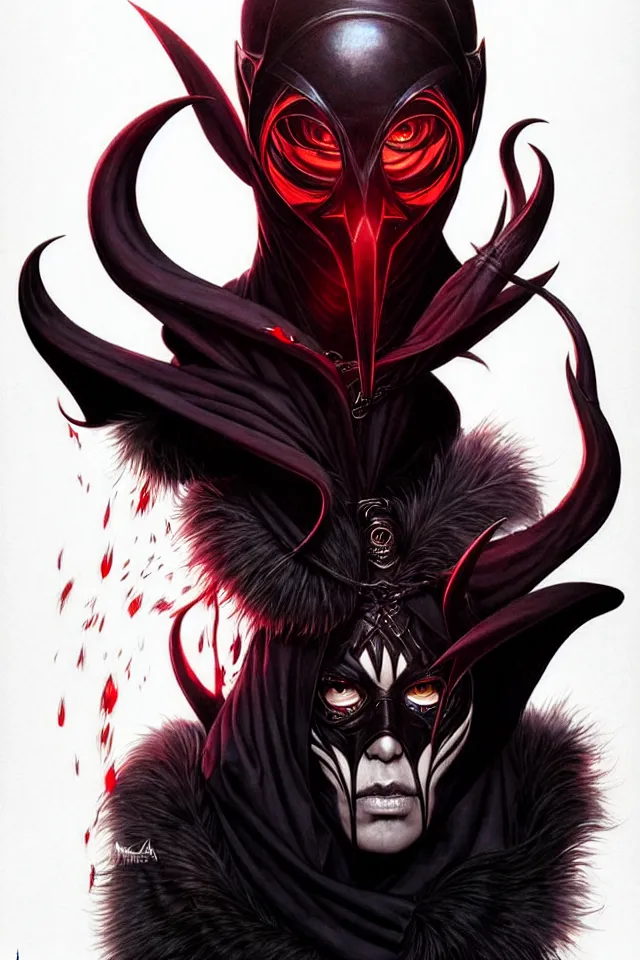 Image similar to a striking portrait of a pitch black masked eldritch shaman with sinister red eyes by moebius and ross tran and artgerm deta