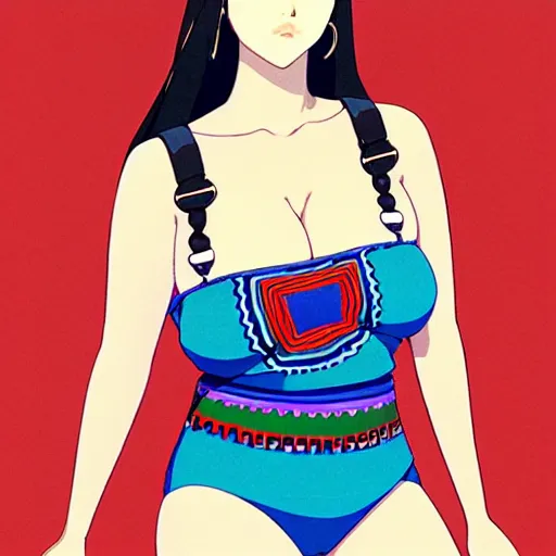 Image similar to a beautiful plus sized model japanese natalie portman, alluring plus sized model with brown skin, wearing mayan leotard with overalls, street fashion hip hop style with mayan patterns, aztec street fashion, gapmoe yandere grimdark, trending on pixiv fanbox, painted by greg rutkowski makoto shinkai takashi takeuchi studio ghibli, akihiko yoshida