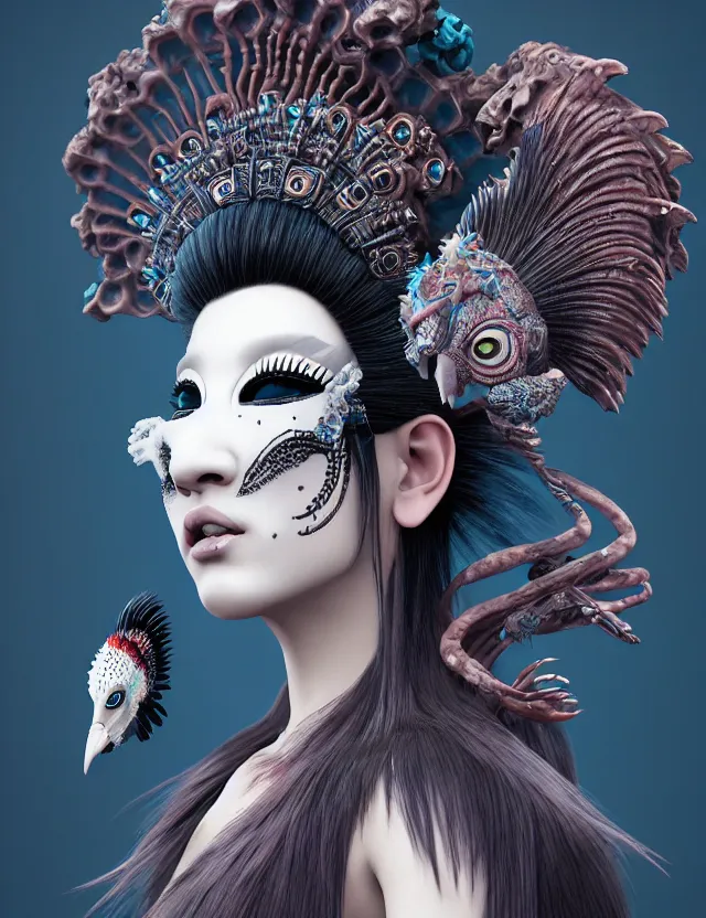 Image similar to 3 d goddess close - up profile portrait punk with mohawk with ram skull. beautiful intricately detailed japanese crow kitsune mask and clasical japanese kimono. betta fish, jellyfish phoenix, bio luminescent, plasma, ice, water, wind, creature, artwork by tooth wu and wlop and beeple and greg rutkowski