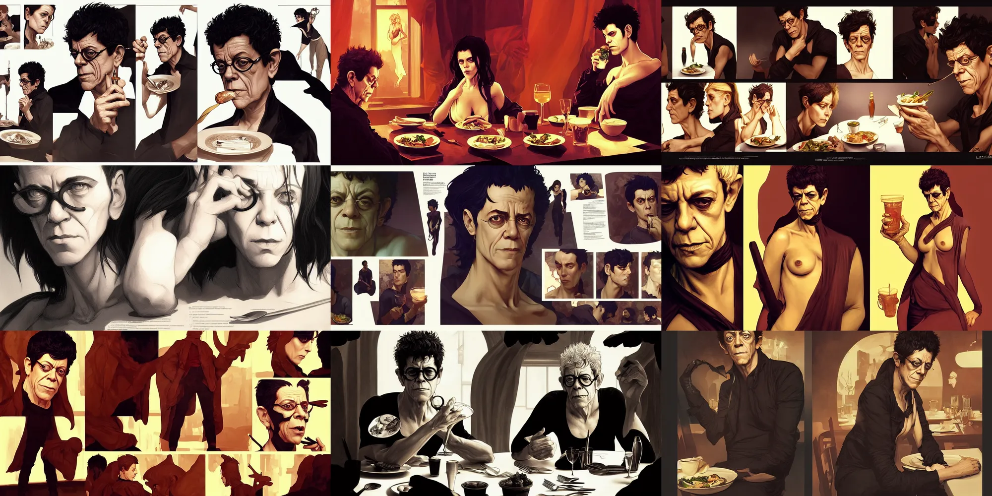 Prompt: lou reed eating dinner, character sheet, character design, contrast, deep focus, turnaround, highly detailed, dramatic lighting, digital painting, artstation, concept art, matte, sharp focus, illustration, elegant, art by artgerm and greg f and alphonse mucha.