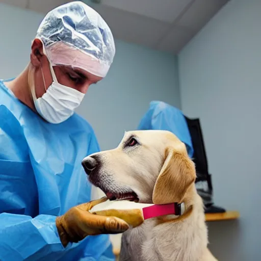 Image similar to a surgeon giving his dog a bone during an operation