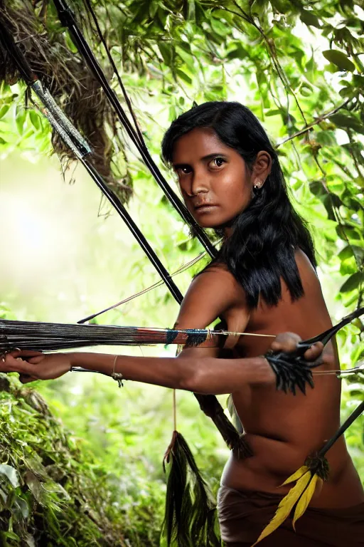 Image similar to a professional photo of a sri lankan jungle girl, black hair, hunter, with bow and arrow, covered in leaves, extremely high fidelity. key light.