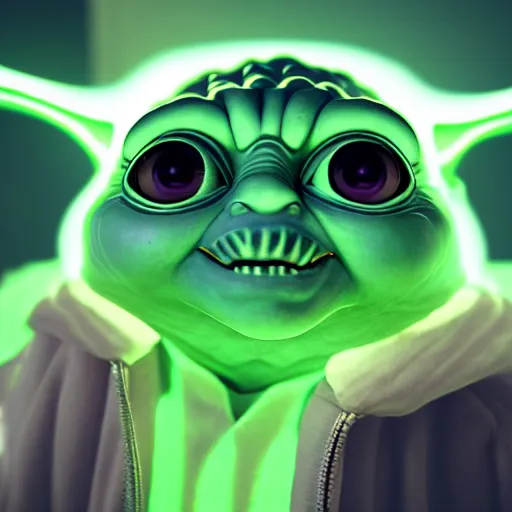 Prompt: Yoda, adorable eyes, cute smile, full round face, neon lights in background, serene bedroom setting, medium shot, mid-shot, highly detailed, trending on Artstation, Unreal Engine 4k