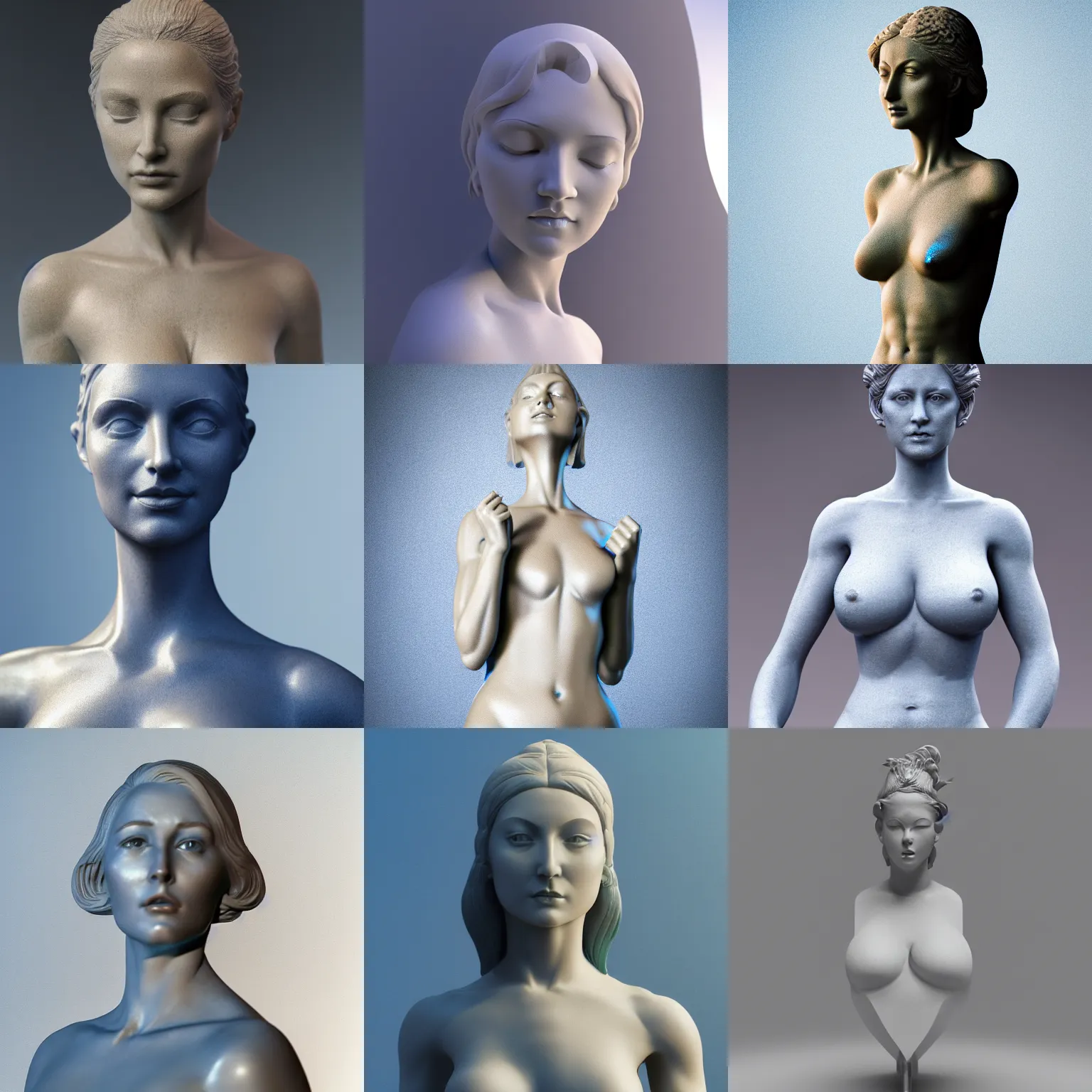 Prompt: statue of a perfect woman, sandstone, silver, blue steel ( desgined by apple ), studio photo, octane render, studio lights, macro lens