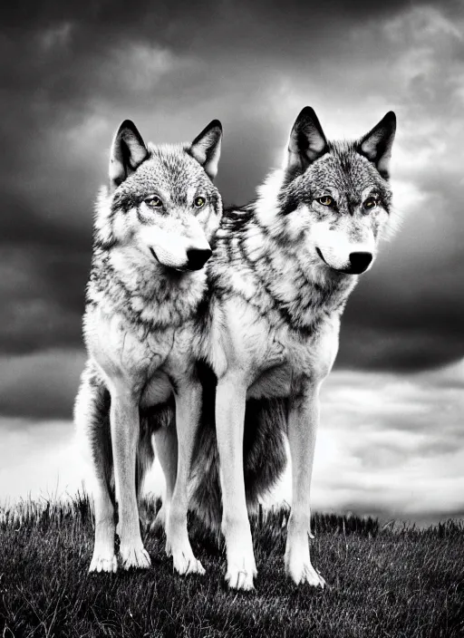 Image similar to two wolves black and white portrait white sky in background