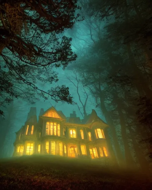 Image similar to a wide angle low photo of a colossal haunted victorian mansion on the edge of a cliff above a misty forest at night, saturated color, volumetric light, epic proportions, ectoplasm, mystical, occult, alchemy, ultra detailed, 8 k