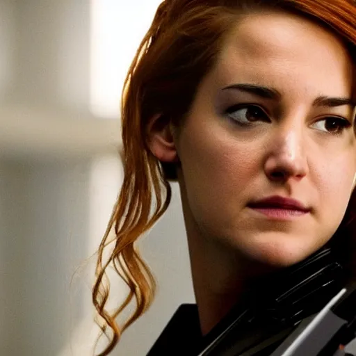 Image similar to A still of Shailene Woodley as Black Widow in Iron Man 2 (2010), close-up