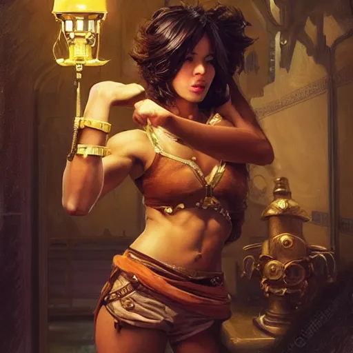 Image similar to a short young genie, with spikey short brown hair, brown skin, abs, a confident smile, emerging from her lamp and flexing her bicep, photorealistic, 25mm f/1.7 ASPH Lens, ultra realistic steampunk illustration, art by greg rutkowski and alphonse mucha