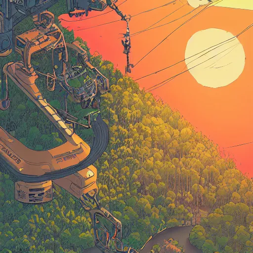 Image similar to aerial isometric view of a giant decaying robot head in middle of lush forest , highly detailed, sunset, by Victo Ngai and James Gilleard , Moebius, Laurie Greasley