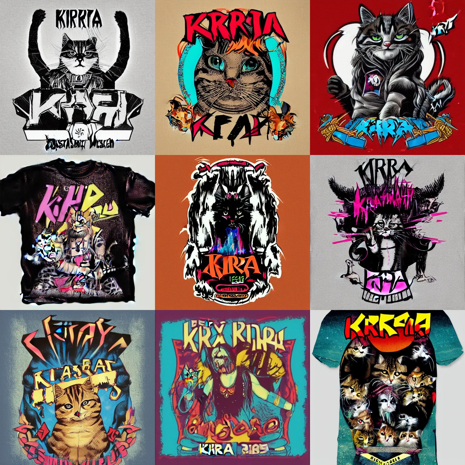 Prompt: 80s concert T-shirt design for heavy metal band “Kira” featuring tabby cat “Kira”, masterpiece, trending on artstation
