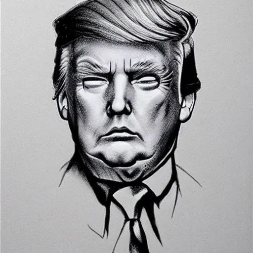 Image similar to creepy criminal police sketch of donald trump, uncanny!!!!!!!!