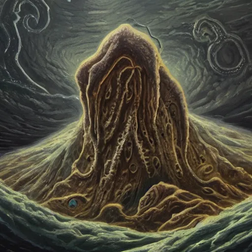 Prompt: a continent in the shape of a lovecraftian old god protruding from the earth oil painting. oil on canvas. award winning. dramatic. trending on artstation 8 k