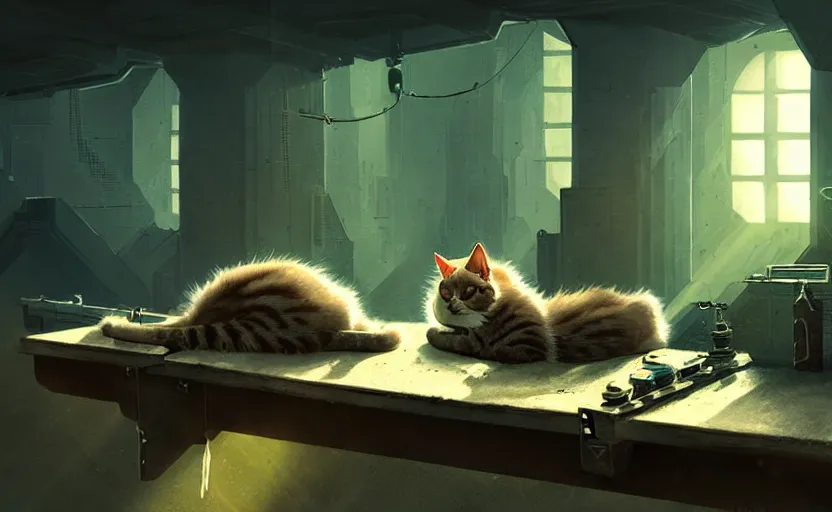 Prompt: a cat sleeping on a mechanics workbench, space opera and dystopian style, d & d, fantasy concept art, global illumination, interesting composition, volumetric lighting, art by enki bilial, highly detailed