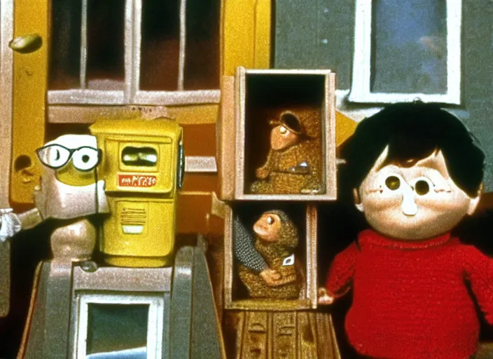 Image similar to a scene from a 1 9 7 0 s british kids tv programme by the bbc and oliver postgate, stop motion animation, postman pat, vhs distortion, folk horror, hauntology
