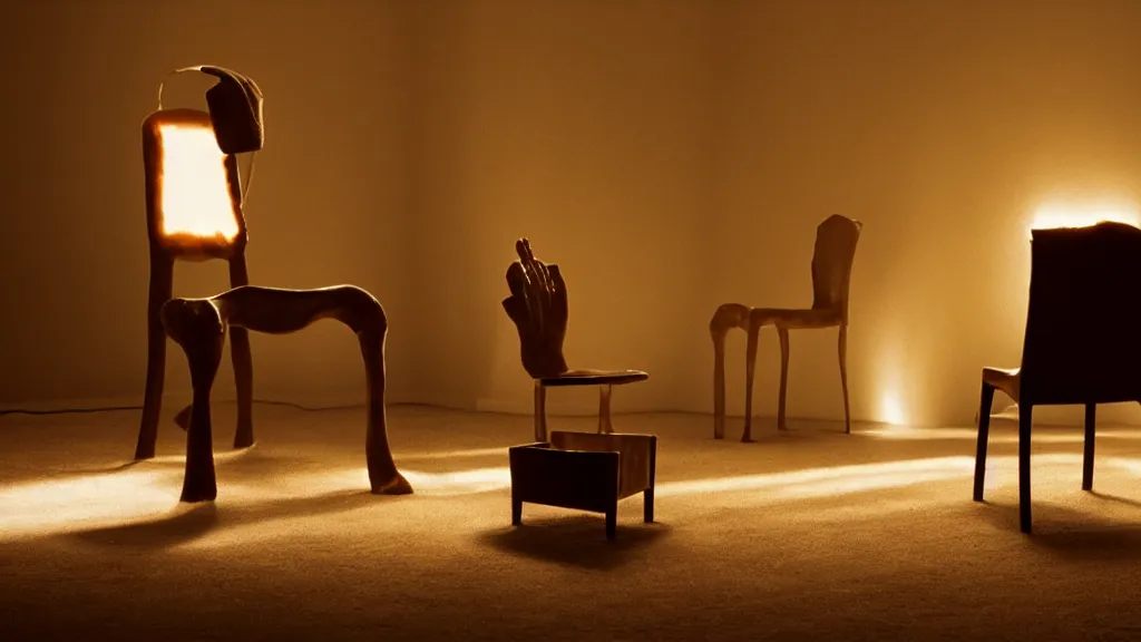 Image similar to glowing oil, in the shape of a chair, film still from the movie directed by denis villeneuve and david cronenberg with art direction by salvador dali and dr. seuss