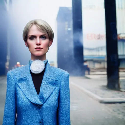 Prompt: hyperdetailed photo of a serious woman with light blue eyes and open mouth, very short hair, in a cybercity, in front of smoke behind, wearing wool suit, inside berghain, classic, photo 3 5 mm leica, hyperdetail, 8 k, very detailed, fine face