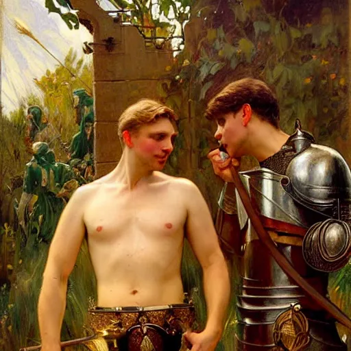 Image similar to attractive fully clothed arthur pendragon confesses his love for his attractive fully clothed male knight. highly detailed painting by gaston bussiere and j. c. leyendecker 8 k