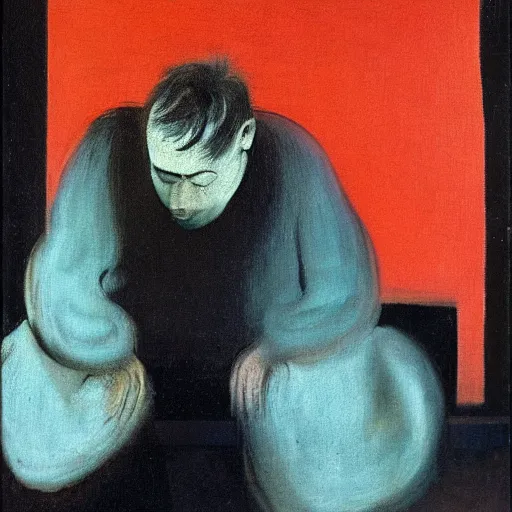 Prompt: sadness personified, a character study by francis bacon, oil on canvas, german expressionism