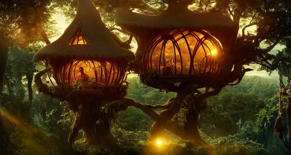 Prompt: An incredibly beautiful close-up shot from a 2022 fantasy film featuring a character sitting in a cozy art nouveau reading nook inside a fantasy treehouse. Golden Hour. 8K UHD.