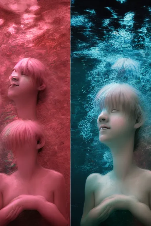 Image similar to 3d realistic dramatic infrared photo of two schoolgirls sisters with a realistic cute face fighting in a dark subway station under water in Japan. Close-up portrait. There are pink palm trees and translucent glow jellyfish flying around. Volumetric composition. Pastel colors in the style of Hiro Kiyohara, redshift, octane, trend artstation, cinematic, hyper realism, high detail, 8k