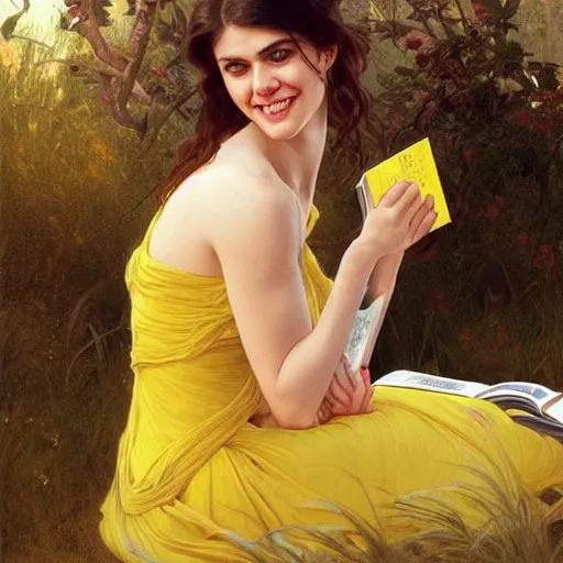 Prompt: a smiling alexandra daddario wearing a yellow dress and reading a book, masterpiece, intricate, elegant, highly detailed, digital painting, artstation, concept art, smooth, sharp focus, illustration, art by artgerm and greg rutkowski and alphonse mucha and uang guangjian and gil elvgren and sachin teng, symmetry!!