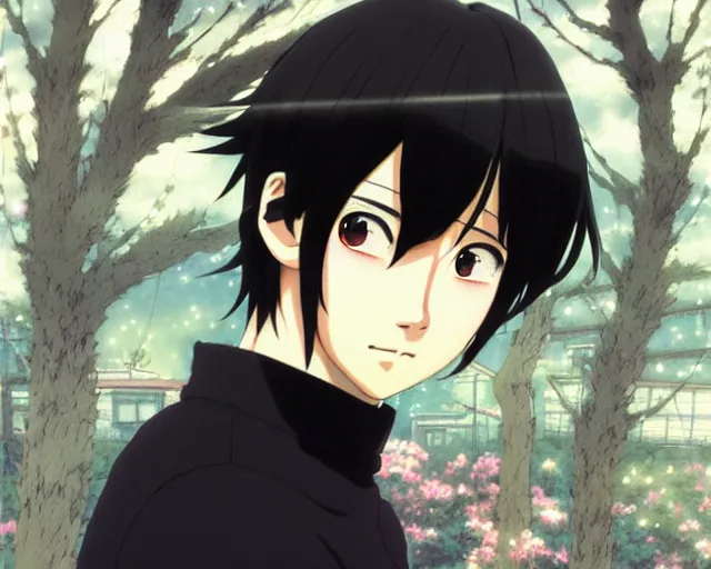 Prompt: beautiful anime guy with black hair, wearing black clothes, fine details portrait, japense village in background, bokeh. anime masterpiece by Studio Ghibli. illustration, sharp high-quality anime illustration in style of Ghibli, Ilya Kuvshinov, Artgerm