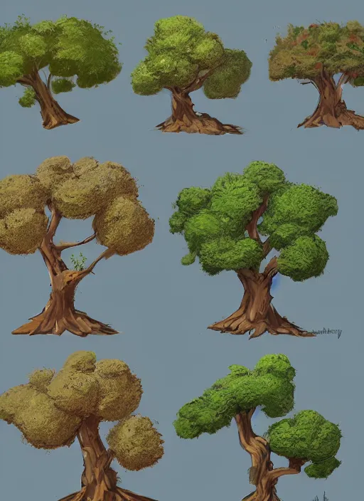 Image similar to a set of different trees and bushes, concept art by senior environment artist, polycount, environmental art, concept art, 2 d game art