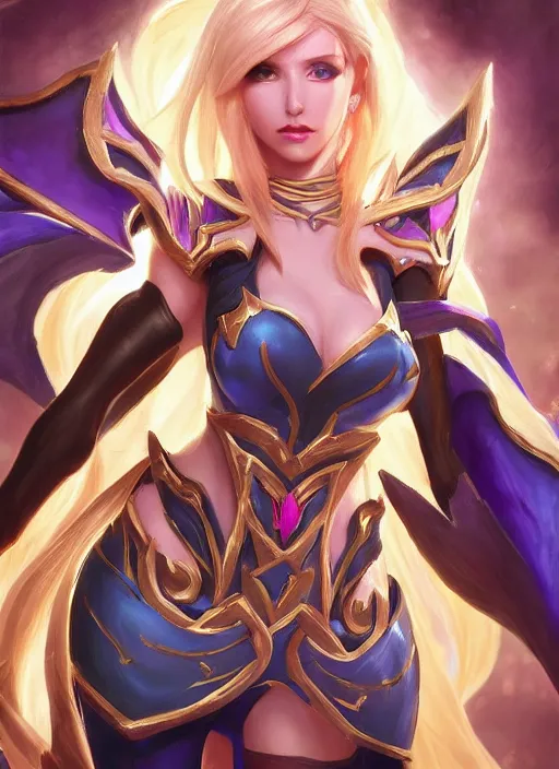 Image similar to luxanna crownguard, from league of legends, hyper detailed, digital art, trending in artstation, cinematic lighting, studio quality, smooth render, fluorescent skin, sharp focus, intricate, elegant, highly detailed, art style by klimt and nixeu and ian sprigger and wlop and krenz cushart