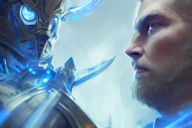 Prompt: closeup portrait of a blonde man in a blue suit with piercing armor with his sword, d & d, heartstone, digital painting, volumetric light, intricate, sharp, focus, bloom, illustration, highly detailed, concept art, matte, ruan jia, randy vargas, greg rutkowski