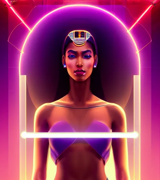 Image similar to symmetry!! egyptian princess of technology, solid cube of light, hard edges, product render retro - futuristic poster scifi, lasers and neon circuits, brown skin gorgeous egyptian princess, intricate, elegant, highly detailed, digital painting, artstation, concept art, smooth, sharp focus, illustration, dreamlike, art by artgerm