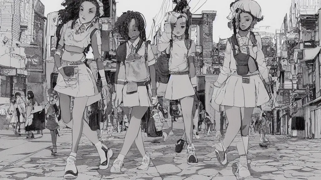 Image similar to cute schoolgirl walk in ghetto, in style of katsuya terada,, 8 k, hyper detailed.