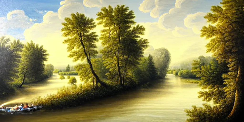 Prompt: A very detailed painting featuring a river in Europe surrounded by trees and fields. A rubber dinghy is slowly moving through the water. Sun is shining. minimalist painting