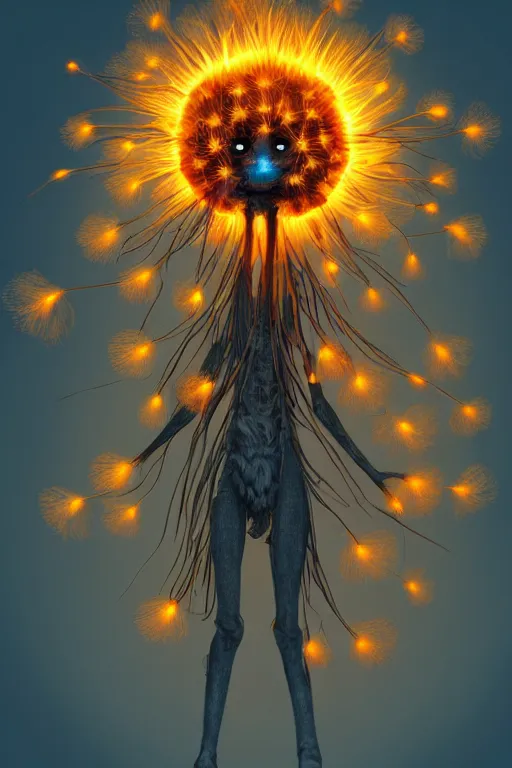 Prompt: a glowing humanoid figure dandelion monster with large glowing eyes, surrounded by orange aura, highly detailed, digital art, sharp focus, trending on art station, artichoke, anime art style