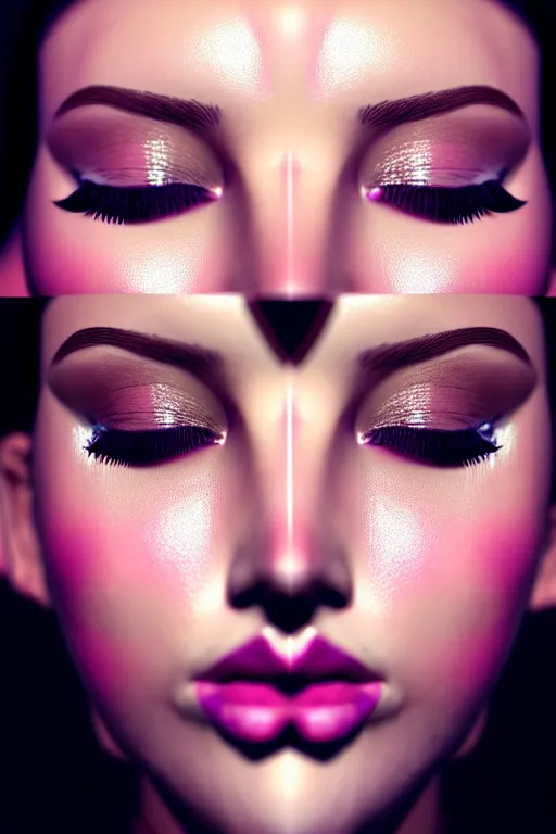 Image similar to beautiful female, attractive facial features, haze, model, intricate, symmetrical face, makeup, sephora, maybelline, studio, reflections, cinematic, filmic, vsco, concept art, artstation, elegant, model, gorgeous, vray, flim, octane render, ambient occlusion, prism details