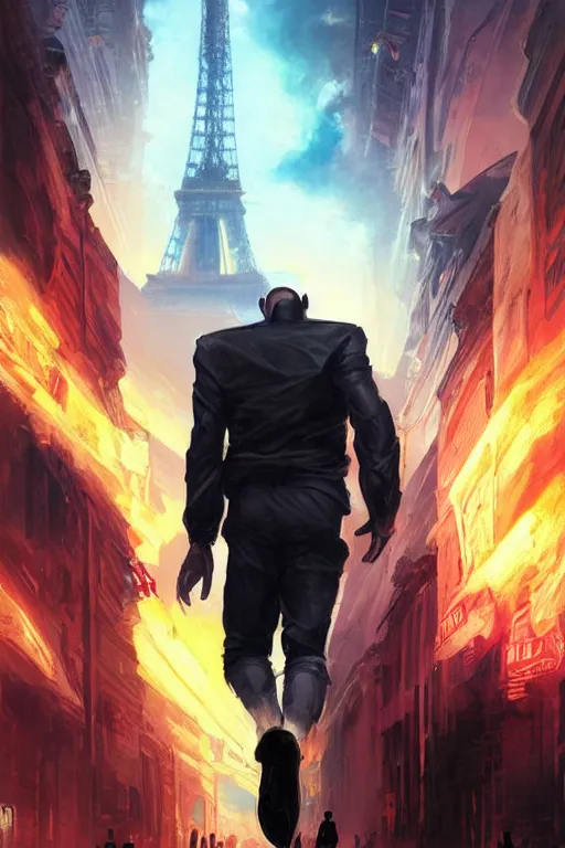 Prompt: a man from the back surrounded by black energy soaring in a futuristic paris, 4 k, shimmering color, cinematic light, hyper detailed, art by greg rutkowski and magali villeneuve and artgerm