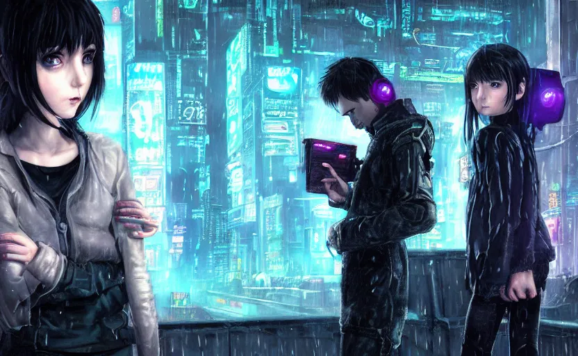 Image similar to an epic fantasy comic book style portrait painting of an extremely cute and adorable very beautiful cyberpunk lain ( serial experiments lain ) and a very imposing industrial goth trent reznor in the rain, neon reflections, character design by mark ryden and pixar and hayao miyazaki, unreal 5, daz, hyperrealistic, octane render, cosplay, rpg portrait, dynamic lighting, intricate detail, cinematic