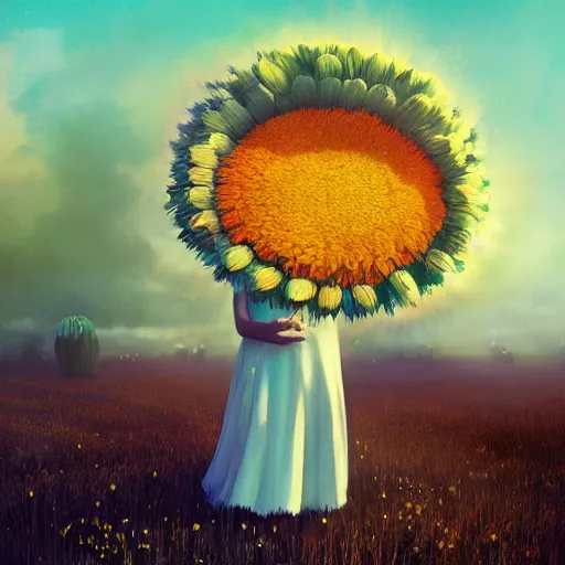 Prompt: giant daisy flower head, frontal, a girl in suit, surreal photography, sunrise, dramatic light, impressionist painting, digital painting, artstation, simon stalenhag