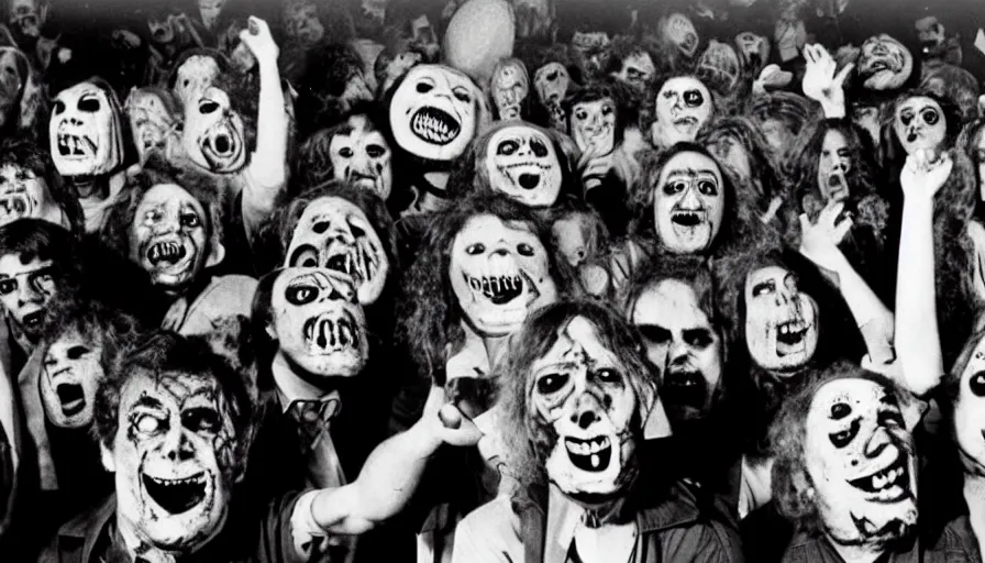 Image similar to a 1 9 8 0's horror movie where angry mob wears a celebrety faces as halloween mask