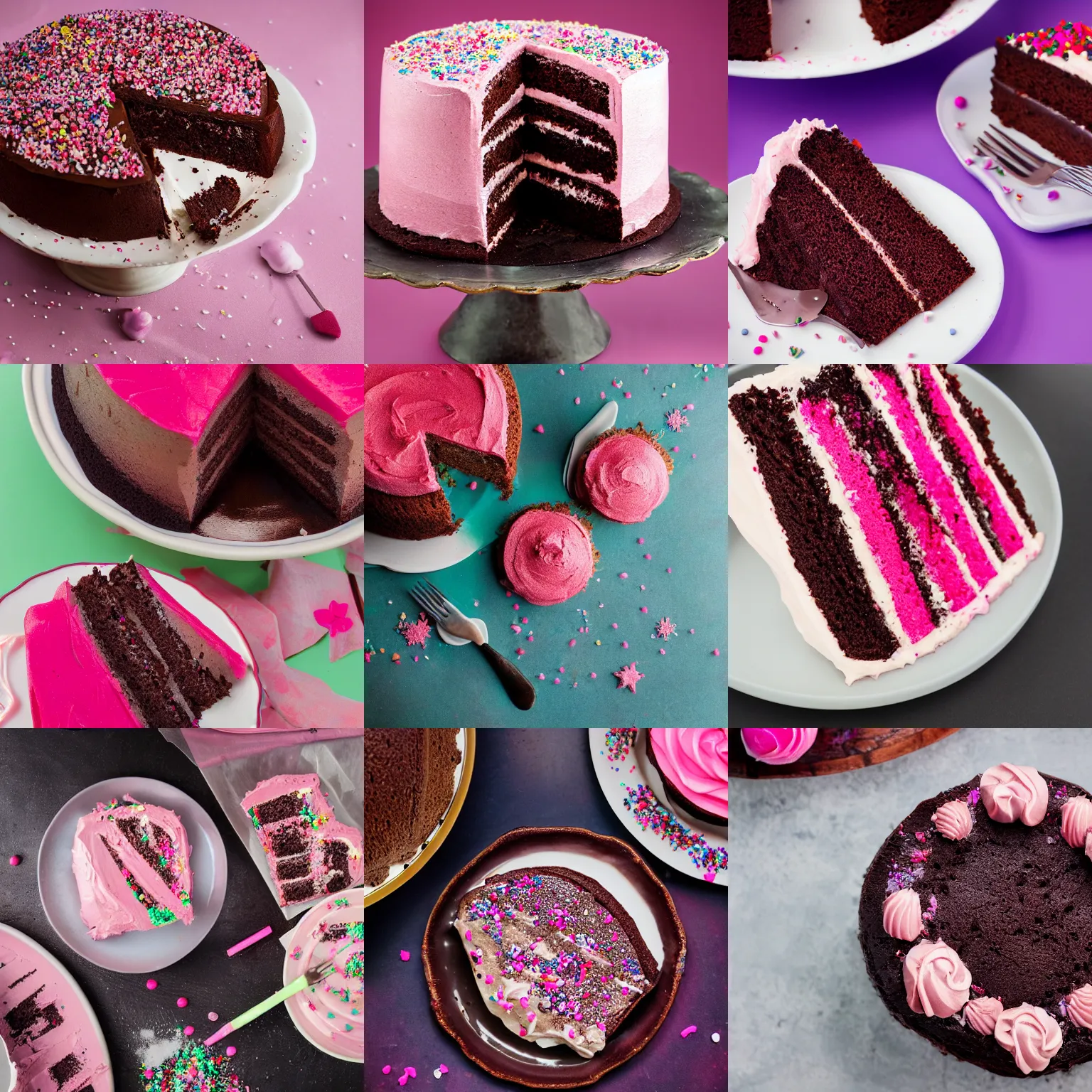 Prompt: chocolate cake with pink frosting and sprinkles, food photography, centered, studio lighting