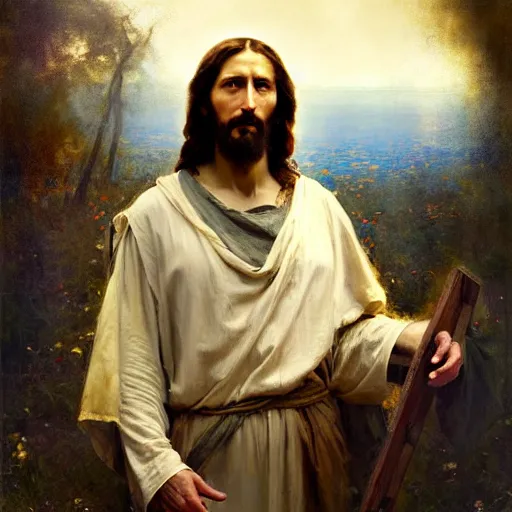 Image similar to photograph imax and solomon joseph solomon and richard schmid and jeremy lipking victorian loose genre loose painting full length portrait painting of jesus