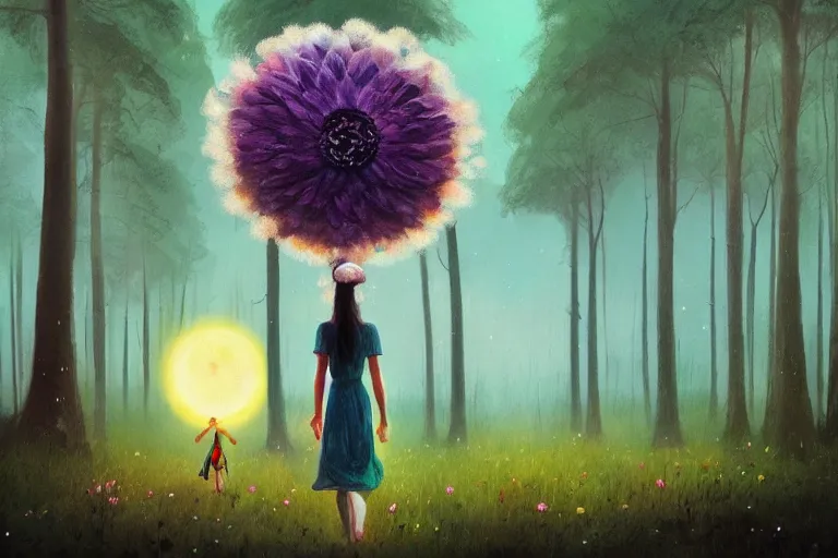 Image similar to giant daisy flower on head, girl walking in forest, big trees, surreal photography, dark night, stars, moon light, impressionist painting, clouds, digital painting, artstation, simon stalenhag