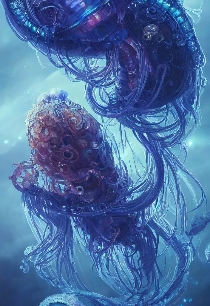 Image similar to Panorama hyper detailed painting of a cyberpunk jellyfish, blue tones, underwater, 8 mm, highly detailed, digital painting, artstation, concept art, smooth, sharp focus, illustration, art by artgerm and greg rutkowski and alphonse mucha