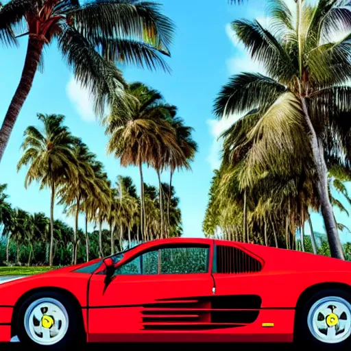 Prompt: a red Ferrari testarossa on a road next to a white sand beach with palm trees. 16bit graphics.