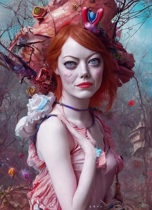 Prompt: Emma Stone as Alice in Wonderland,highly detailed,cinematic,8k,by Stanley Artgermm,Tom Bagshaw,Greg Rutkowski,Carne Griffiths, Ayami Kojima, Beksinski, Giger,Anne Stokes, Benjamin Lacombe,trending on DeviantArt,hyper detailed,horror, full of colour